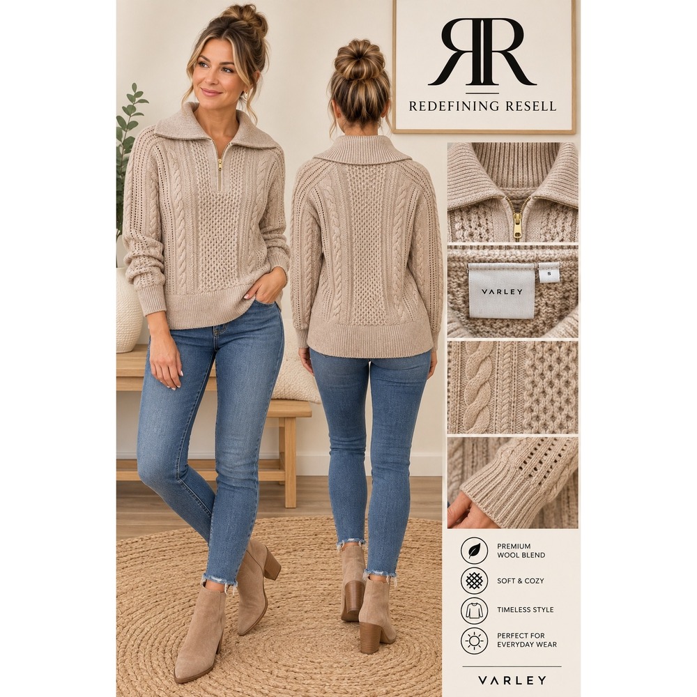Varley Camello Cable Half Zip 2.0 Sweater Parc Beige Wool Cashmere Small NEW